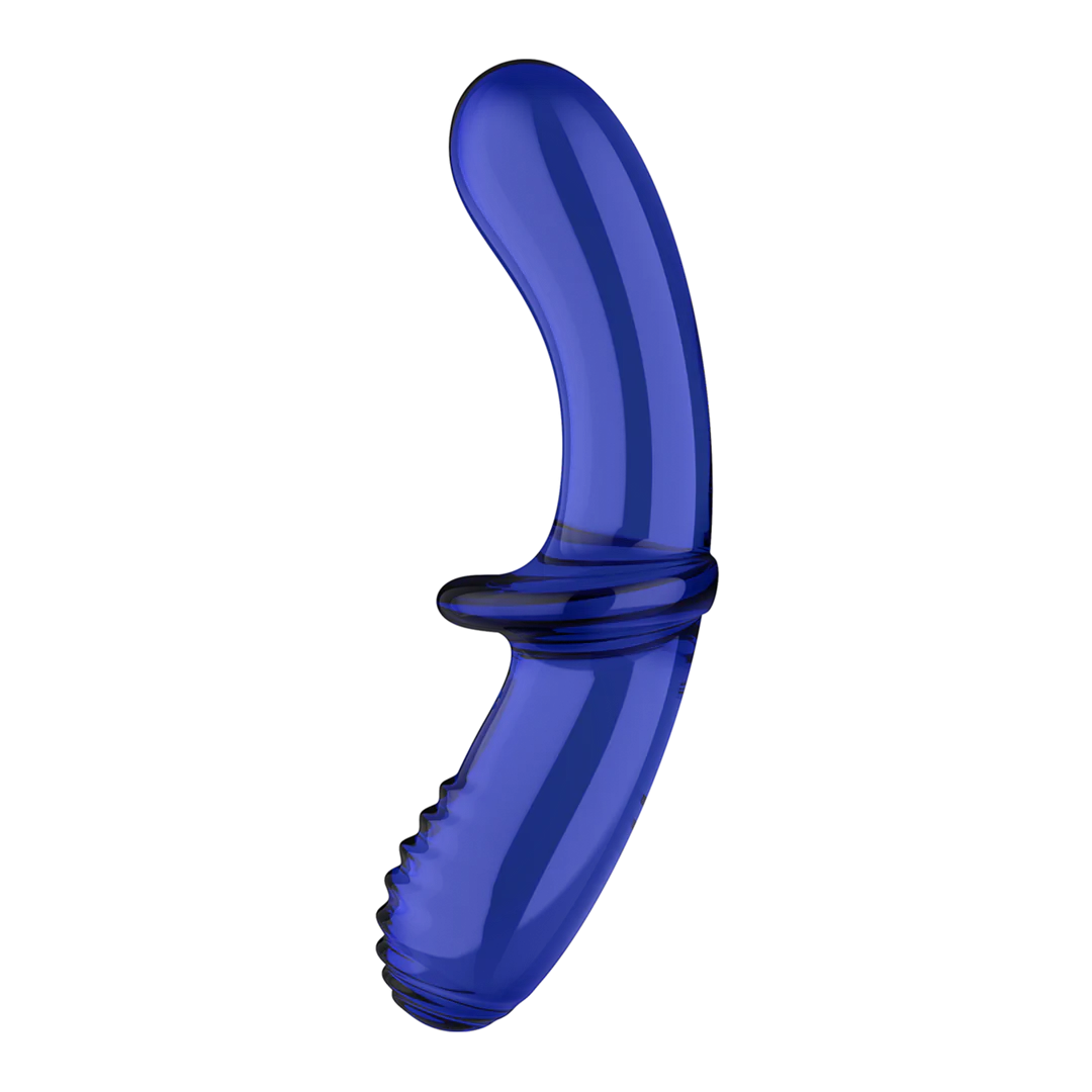 Dyp blå glassdildo med dobbel stimulering, en glatt og en strukturert ende, og bredt grep.