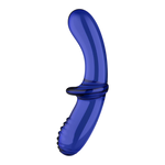 Dyp blå glassdildo med dobbel stimulering, en glatt og en strukturert ende.