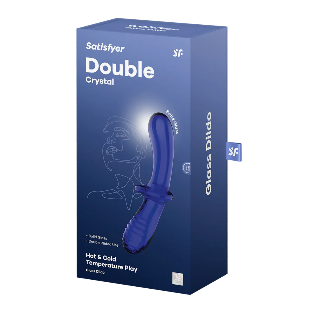 Satisfyer Double Crystal glassdildo i dyp blå, med én glatt og én strukturert ende.