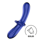 Dyp blå dobbeltsidig glassdildo med en glatt og en ribbet ende, og et solid grep.