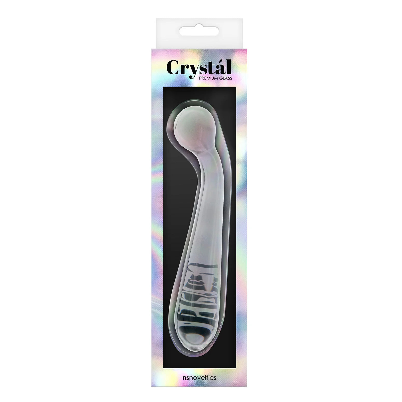 Klar, buet glassdildo for G-punktstimulering, pakket i en eske med "Crystal Premium Glass" logo.