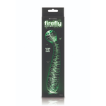 Firefly G-spot glassdildo i svart emballasje, gløder grønt i mørket med buet design.