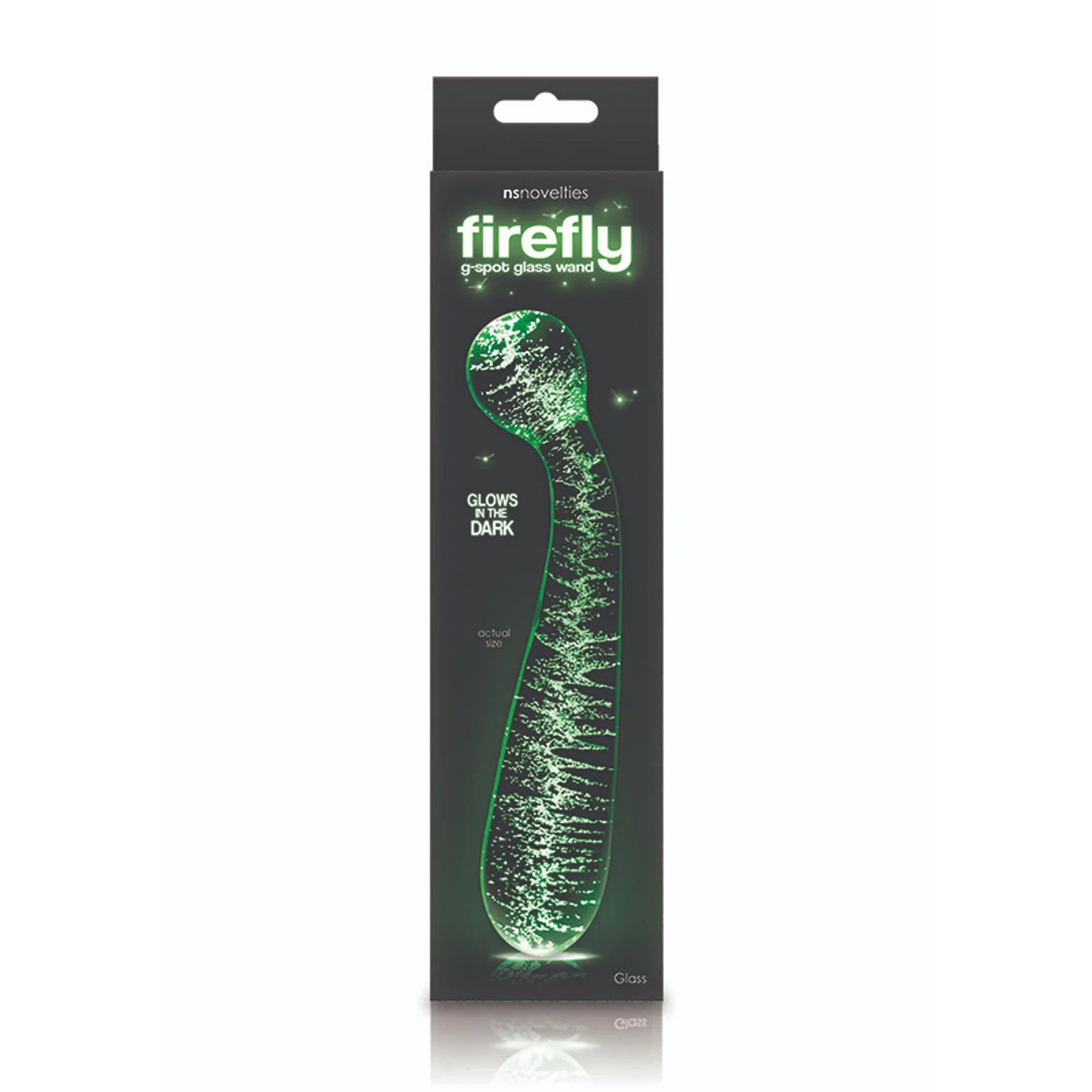 Firefly G-spot glassdildo i svart emballasje, gløder grønt i mørket med buet design.
