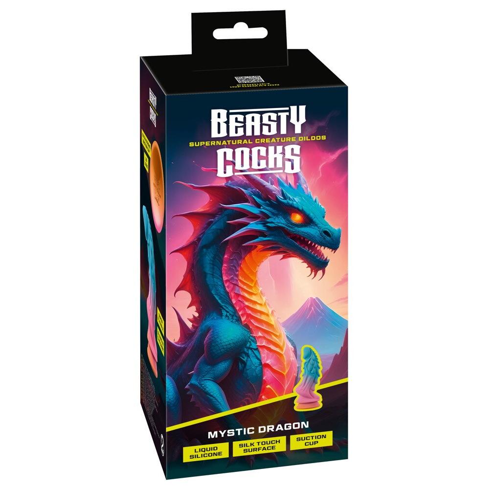 Mystic Dragon fantasydildo i glitrende regnbuefarger, lyser i mørket, med sugekopp og silkemyk silikon.