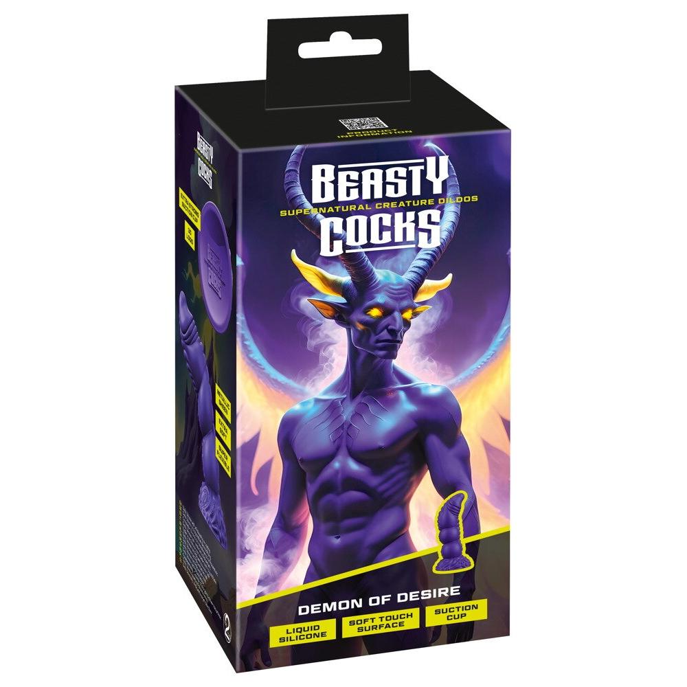 Demon of Desire fantasidildo-emballasje med lilla demon og produktbilde.