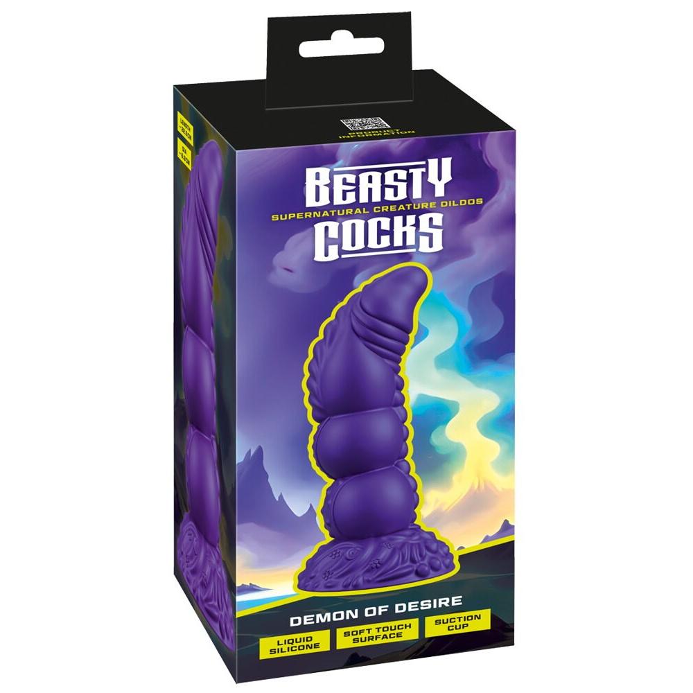 Lilla Demon of Desire fantasidildo i silikon med sugekopp, vist i emballasjen.
