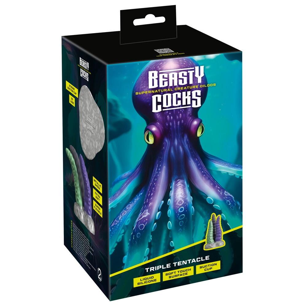 Beasty Cocks Triple Tentacle dildo box with purple octopus art and product features.