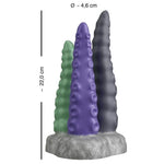 Triple Tentacle fantasydildo i lilla, grønt og grått silikon, med teksturerte armer og målene 22 cm høy og 4,6 cm diameter.