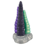 Triple Tentacle fantasidildo i lilla, mørk lilla og grønn Liquid Silicone med sugekopper og tekstur.