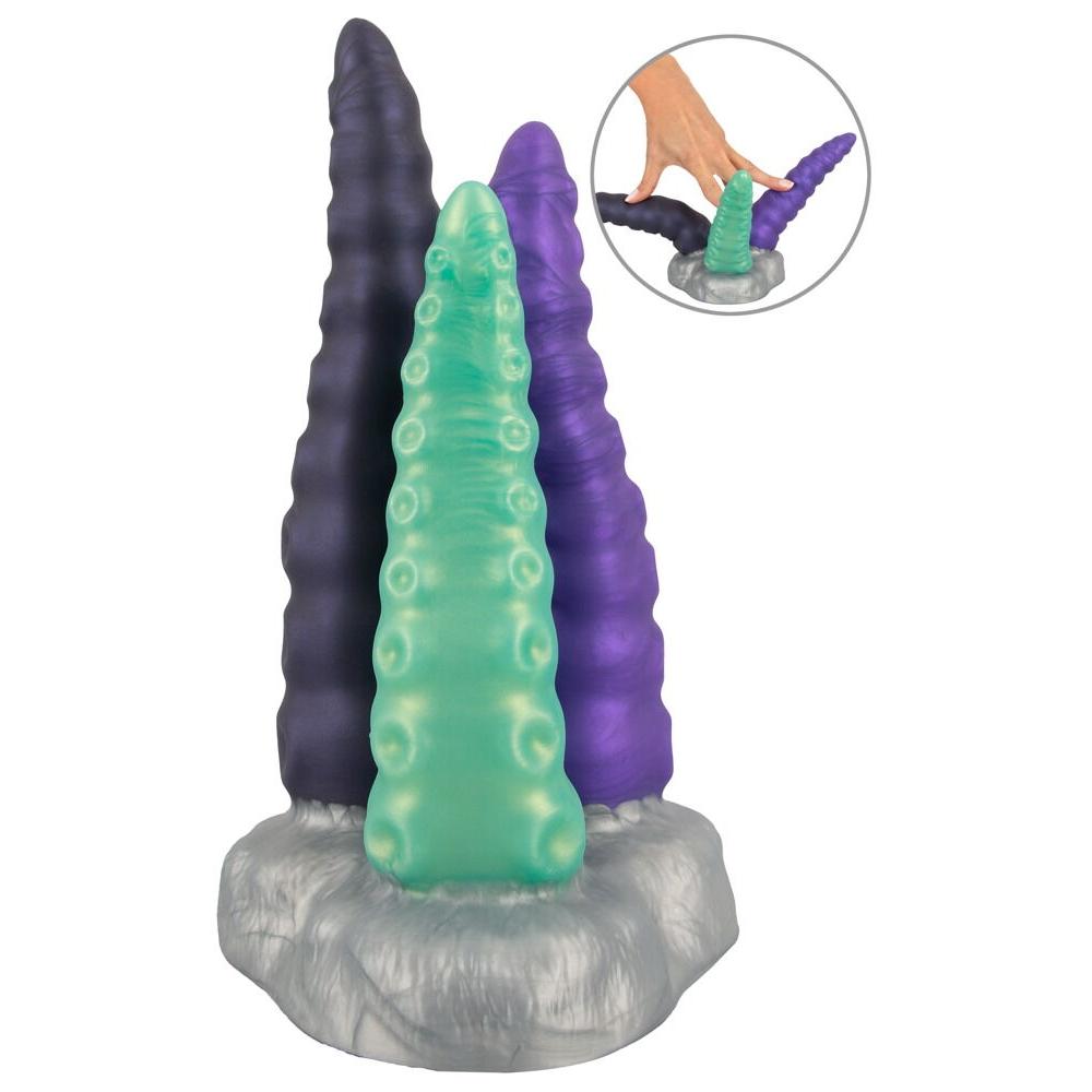 Triple Tentacle fantasidildo med tre fleksible armer i grønt, lilla og mørkegrått Liquid Silicone.