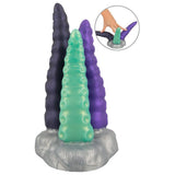 Triple Tentacle fantasidildo med tre fleksible armer i grønt, lilla og mørkegrått Liquid Silicone.