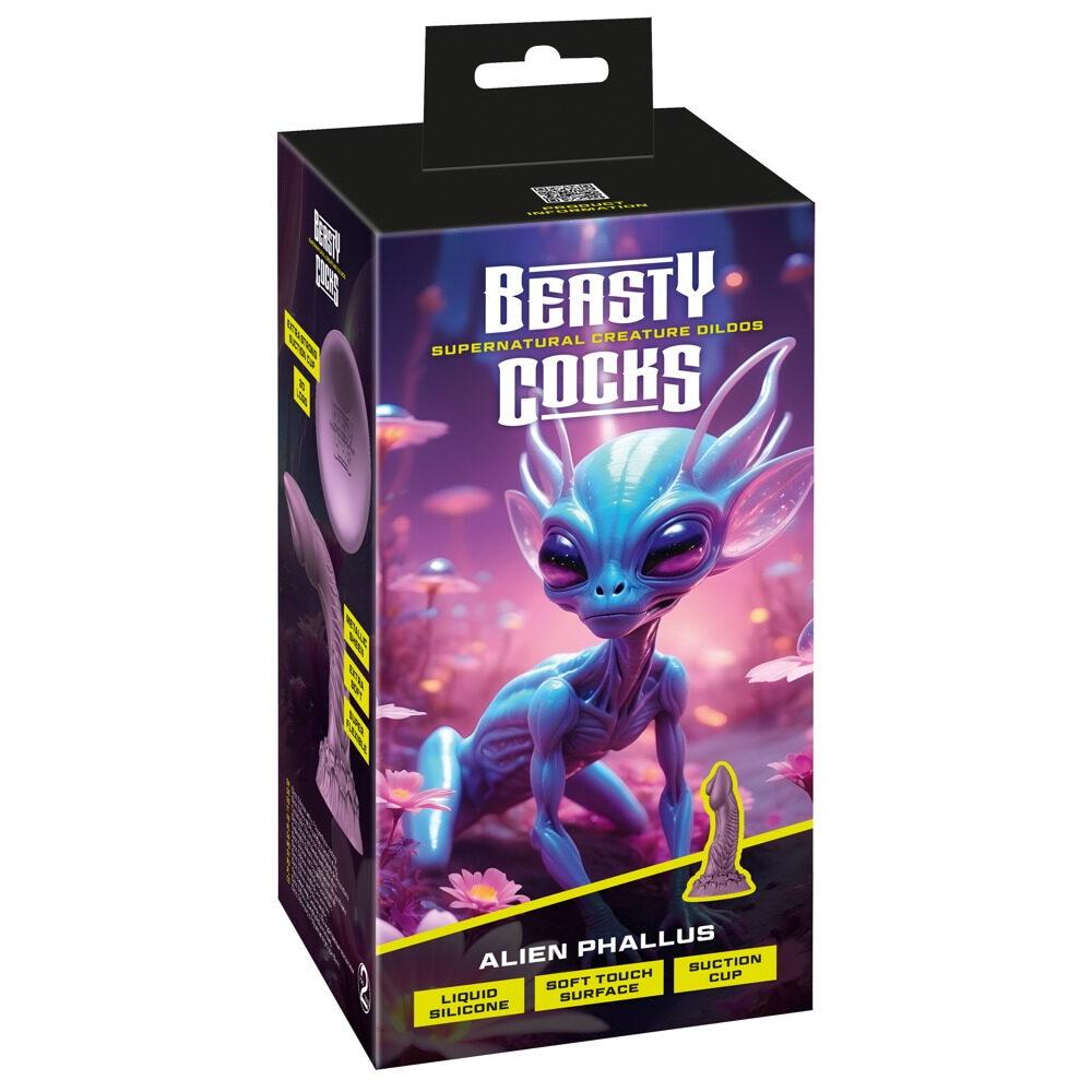 Beasty Alien Phallus fantasidildo i svart eske med bilde av blått romvesen og dildo.