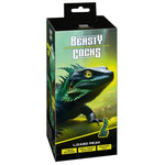 Svart eske med grønn reptilgrafikk og "Beasty Cocks" logo, viser en Lizard Peak fantasidildo.
