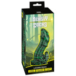 Lizard Peak fantasidildo i grønn og svart marmorert reptildesign, med strukturert overflate og sugekopp, i emballasje.