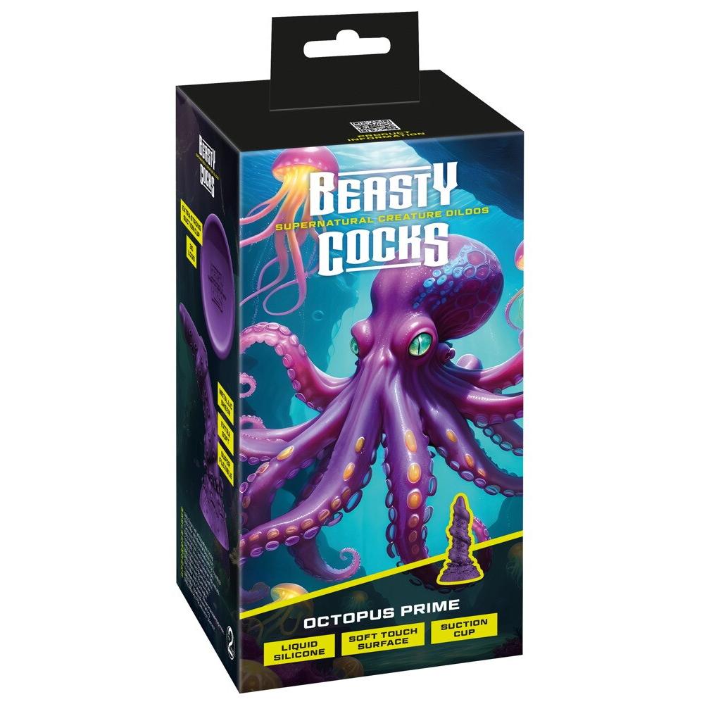 Beasty Cocks Octopus Prime fantasidildo i lilla silikon med sugekopp, vist i emballasjen.