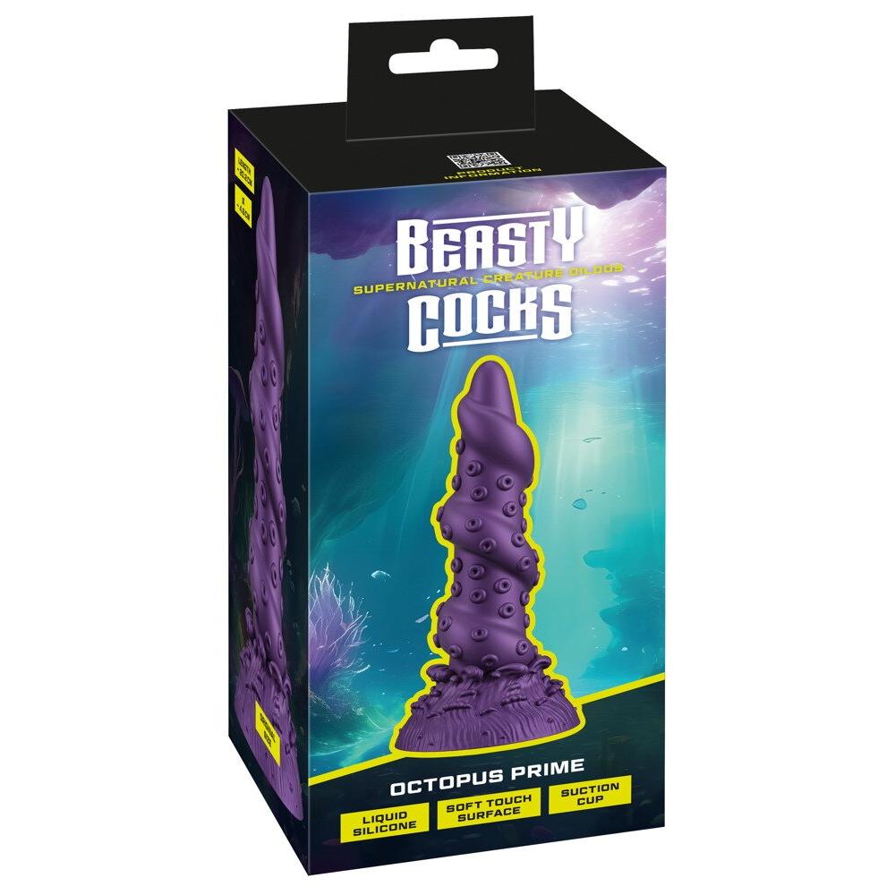 Lilla Octopus Prime fantasidildo i silikon med tentakeldesign og sugekopp, vist i emballasjen.
