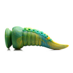 Marmorert grønn, blå og gul silikon dildo med tentakler og sugekopper.