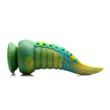 Marmorert grønn, blå og gul silikon dildo med tentakler og sugekopper.