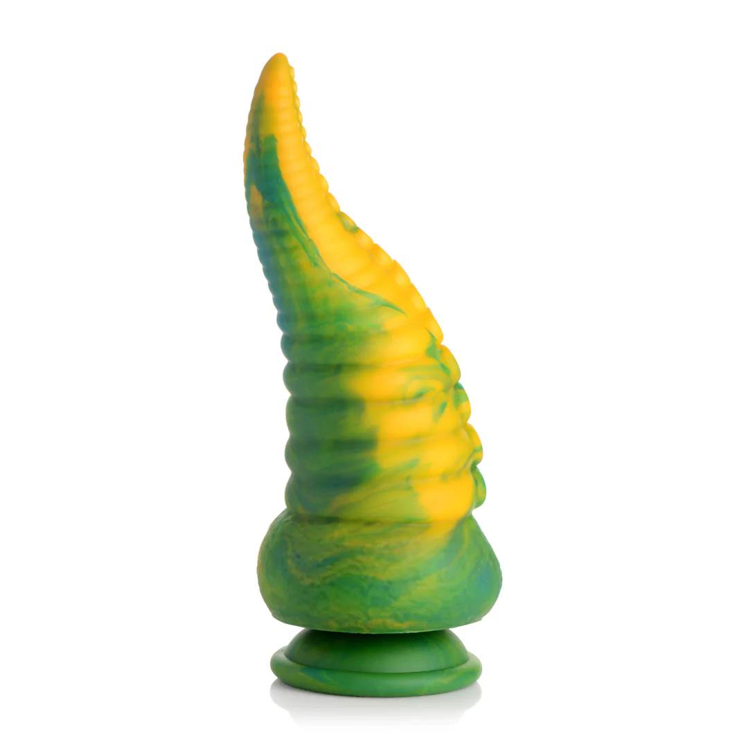Marmorert grønn og gul tentakeldildo med sugekopper og en bred base.