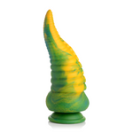 Marmorert grønn og gul silikon tentakeldildo med riller, sugekopper og bred base.