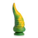 Marmorert grønn og gul silikon tentakeldildo med riller, sugekopper og bred base.