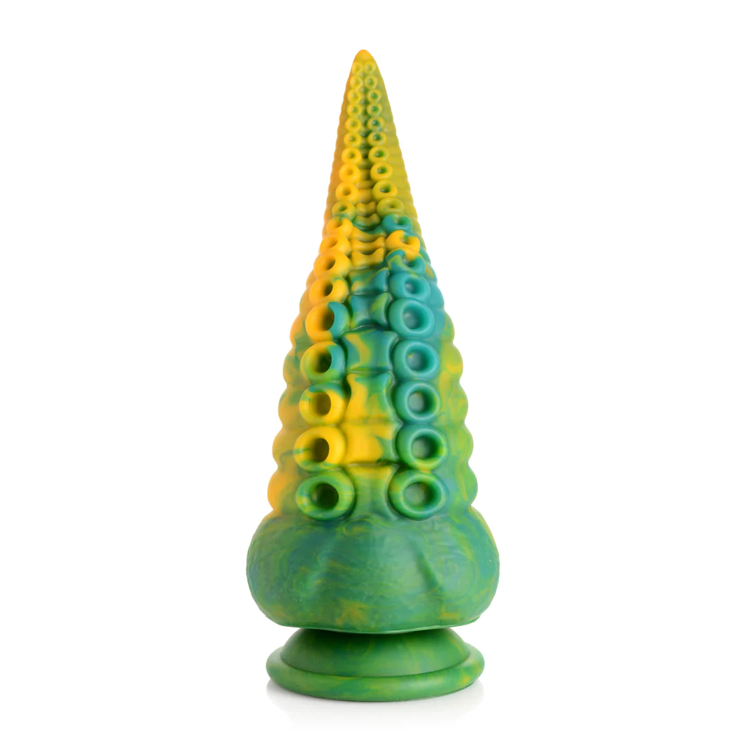 Marmorert grønn, blå og gul silikon dildo med tentakkel-sugekopper og bred base.