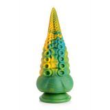 Marmorert grønn, gul og blå silikon dildo med tentakkel-sugekopper og bred base.
