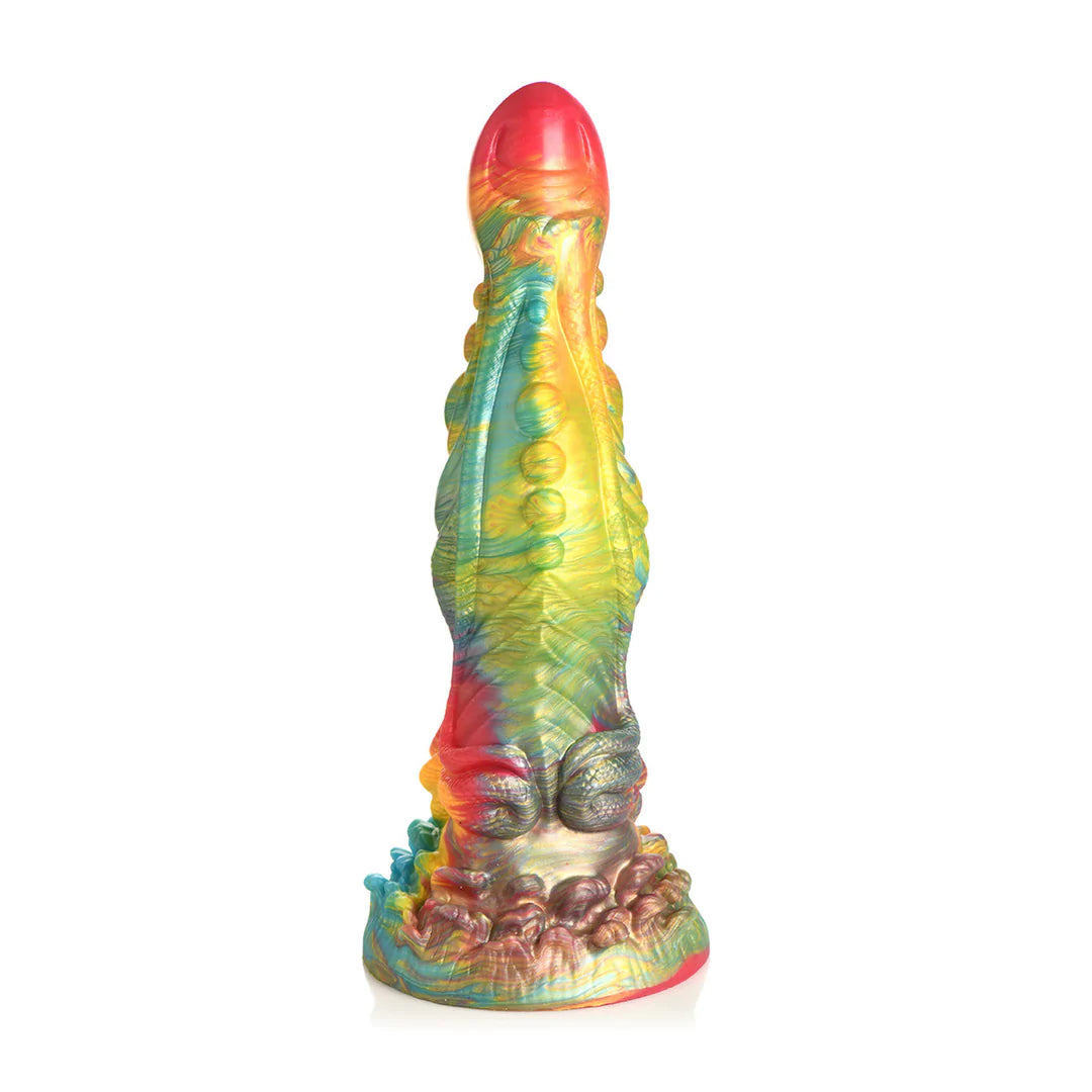 Regnbuefarget Majestic Merman fantasy dildo med iriserende overflate, S-form, riller og sugekoppbase.