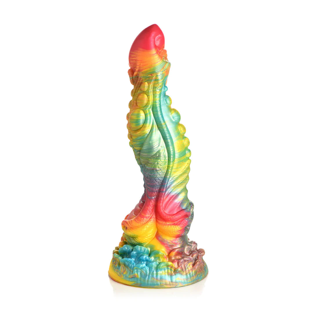 Regnbuefarget, iriserende S-formet dildo med riller, nupper og sugekoppbase.