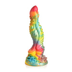Regnbuefarget, iriserende S-formet dildo med riller, nupper og sugekoppbase.