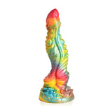 Regnbuefarget, iriserende S-formet dildo med riller, nupper og sugekoppbase.