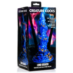 Kraken Blå Fantasy Dildo: Blå og gullfarget, spiralformet silikondildo med sugekopper og bølgende tekstur.