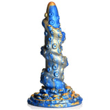 Blå og gullfarget silikon tentakeldildo med sugekopper og spiralformet design.