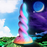 Moon Rider fantasy dildo med glødende enhjørningshorn, spiralformet skaft i rosa, blått og lilla.