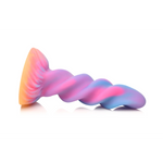 Moon Rider fantasy dildo med glødende enhjørningshorn, spiralformet skaft i rosa, blått, lilla og gult.