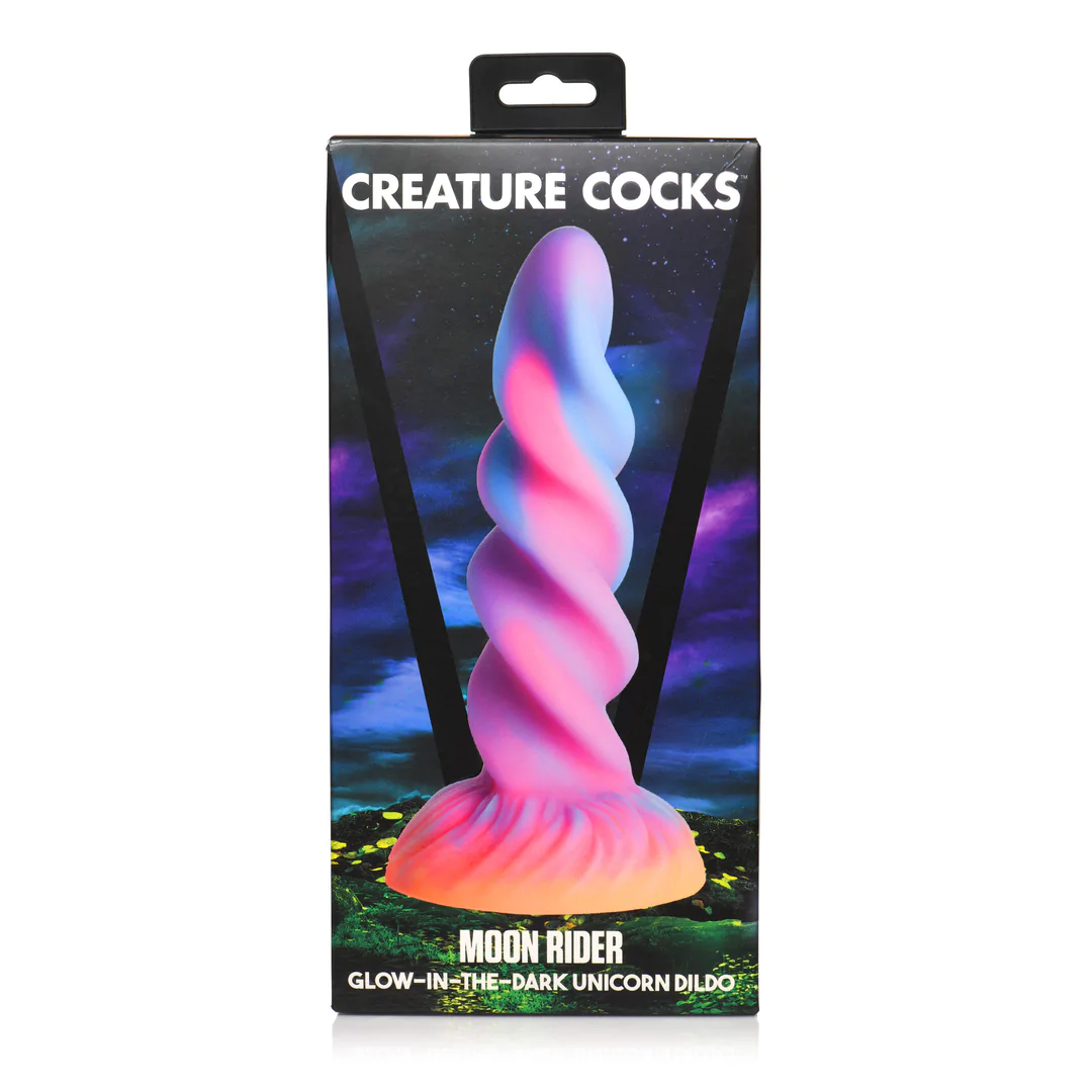 Moon Rider fantasy dildo med glødende enhjørningshorn, spiralformet skaft i rosa, blått, lilla og gult.