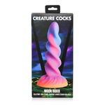 Moon Rider fantasy dildo med glødende enhjørningshorn, spiralformet skaft i rosa, blått, lilla og gult.