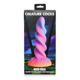 Moon Rider fantasy dildo med glødende enhjørningshorn, spiralformet skaft i rosa, blått, lilla og gult.