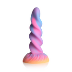Moon Rider fantasy dildo med glødende enhjørningshorn, spiralformet skaft i rosa, blått og lilla.
