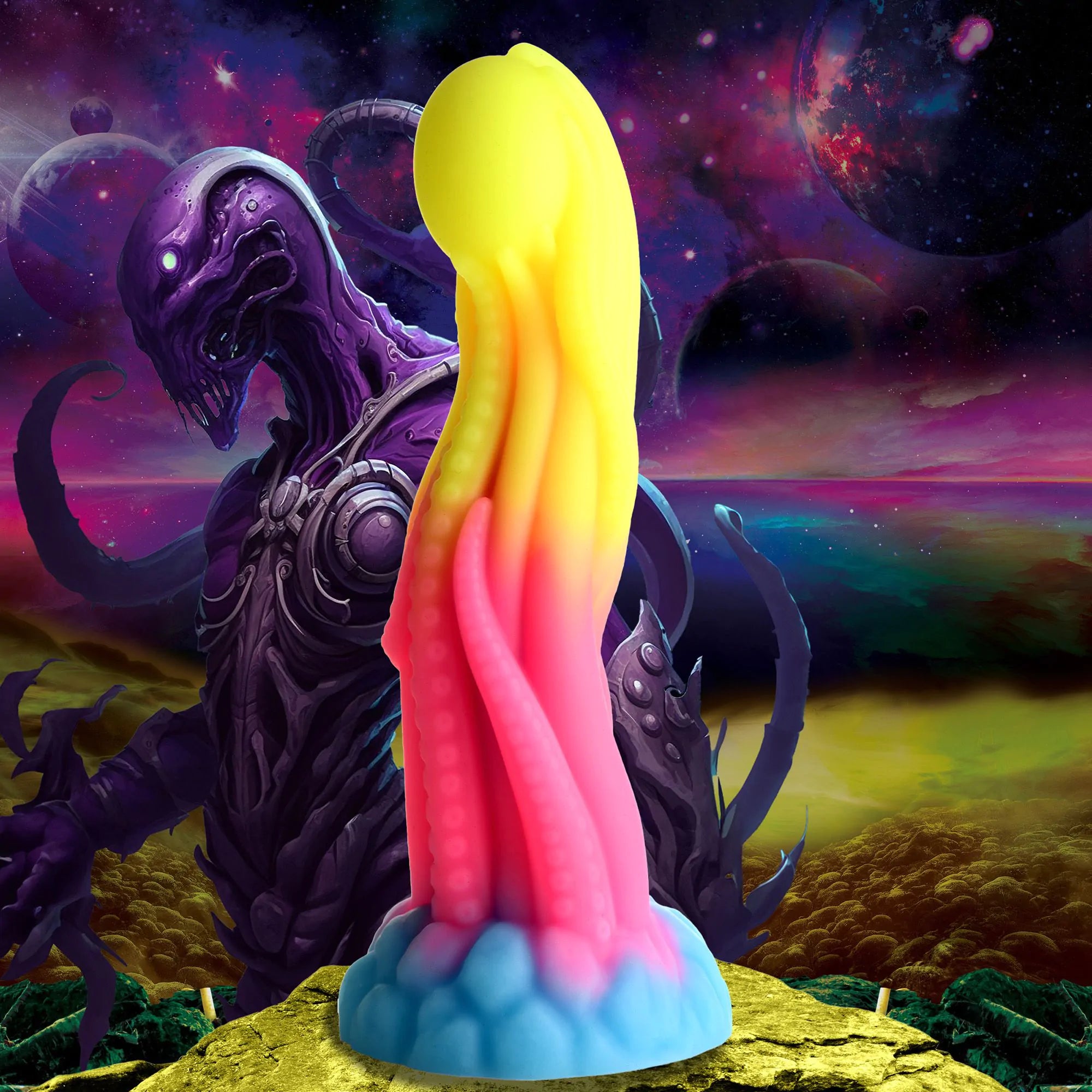 Fargerik, glødende silikon tentakeldildo med eggformet topp og sugekopper, mot et sci-fi bakgrunn.