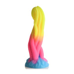 Glødende silikon tentakeldildo i blått, rosa og gult med sugekoppbase og eggformet topp.