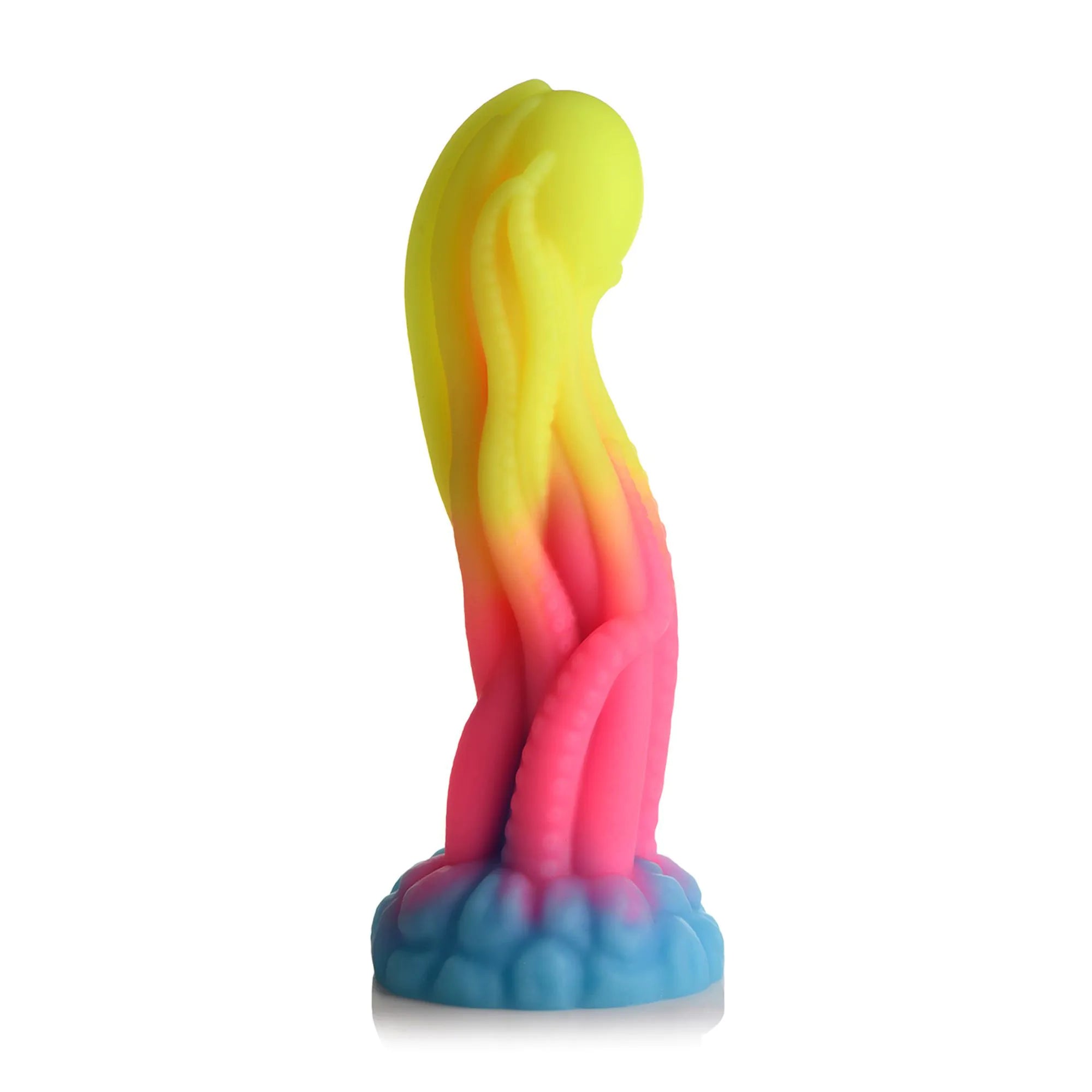 Glødende tentakelvibrator i silikon med gul, rosa og blå fargegradient og sugekoppbase.
