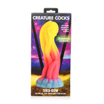 TentaGlow glødende tentakeldildo i silikon, gul, rosa og blå, med sugekoppbase.