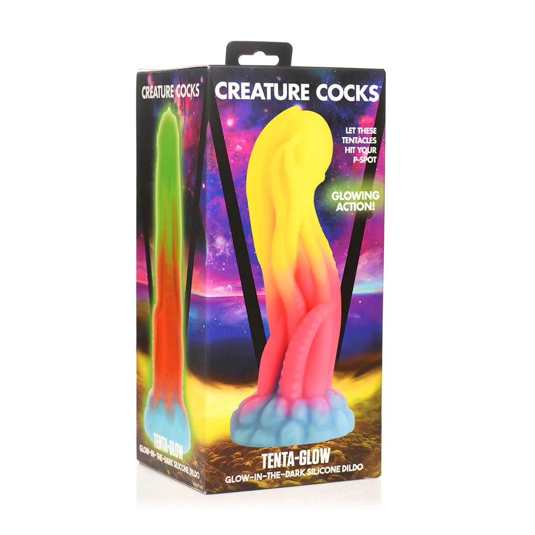 TentaGlow glødende tentakeldildo i silikon, flerfarget med sugekopper, i emballasje.