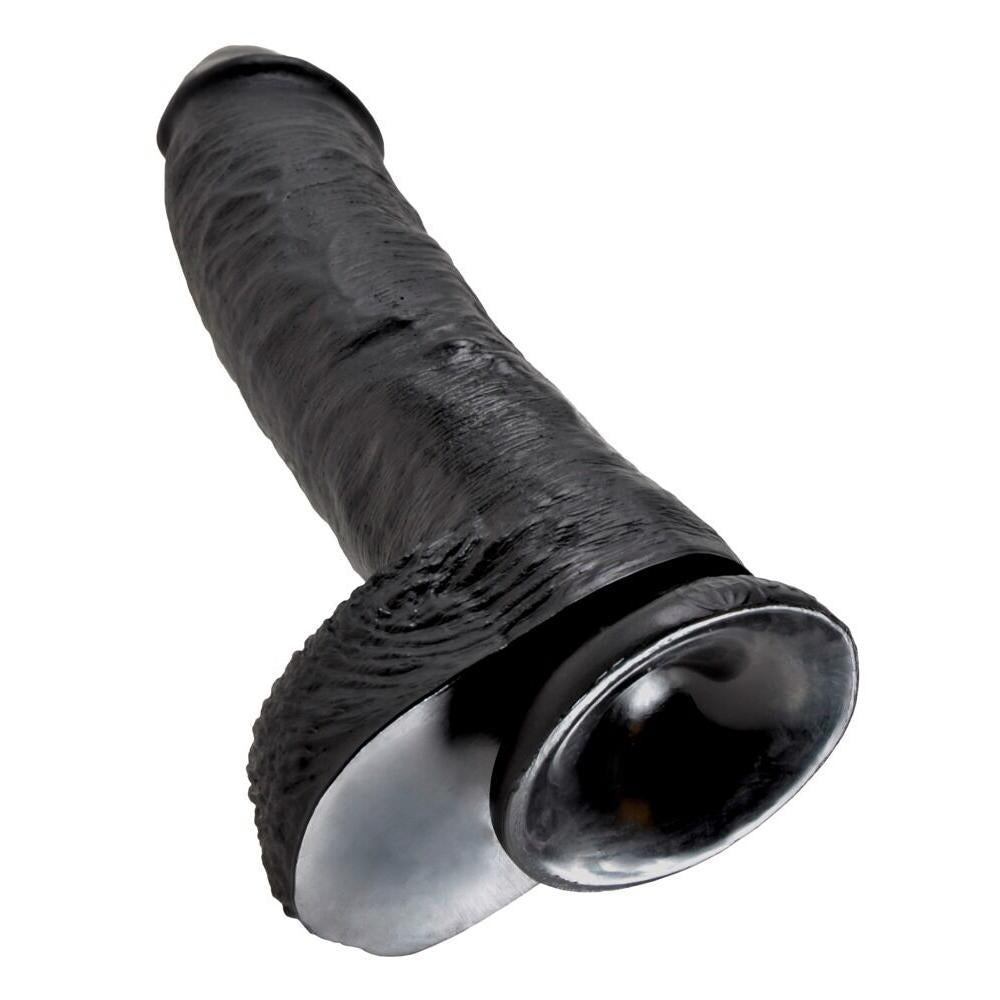Sort King Cock Stor dildo, 25,4 cm, med realistisk tekstur, årer, baller og sugekopp.