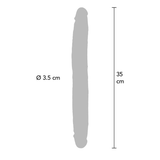 Grå, realistisk dobbeldildo med bevegelig forhud, 35 cm lang og 3.5 cm i diameter.