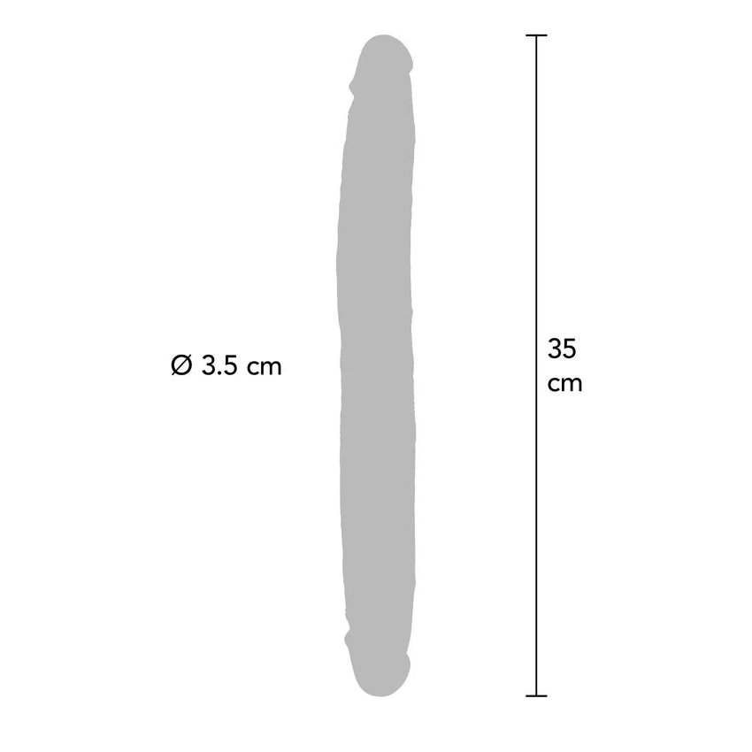 Grå, realistisk dobbeldildo med bevegelig forhud, 35 cm lang og 3.5 cm i diameter.