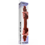 Brun, 46 cm Foreskin DobbelDildo i silikon med bevegelig forhud, vist i emballasje.