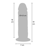 Grå silikondildo med realistisk design, 19 cm lang, 4.5 cm diameter, og sugekoppbase.