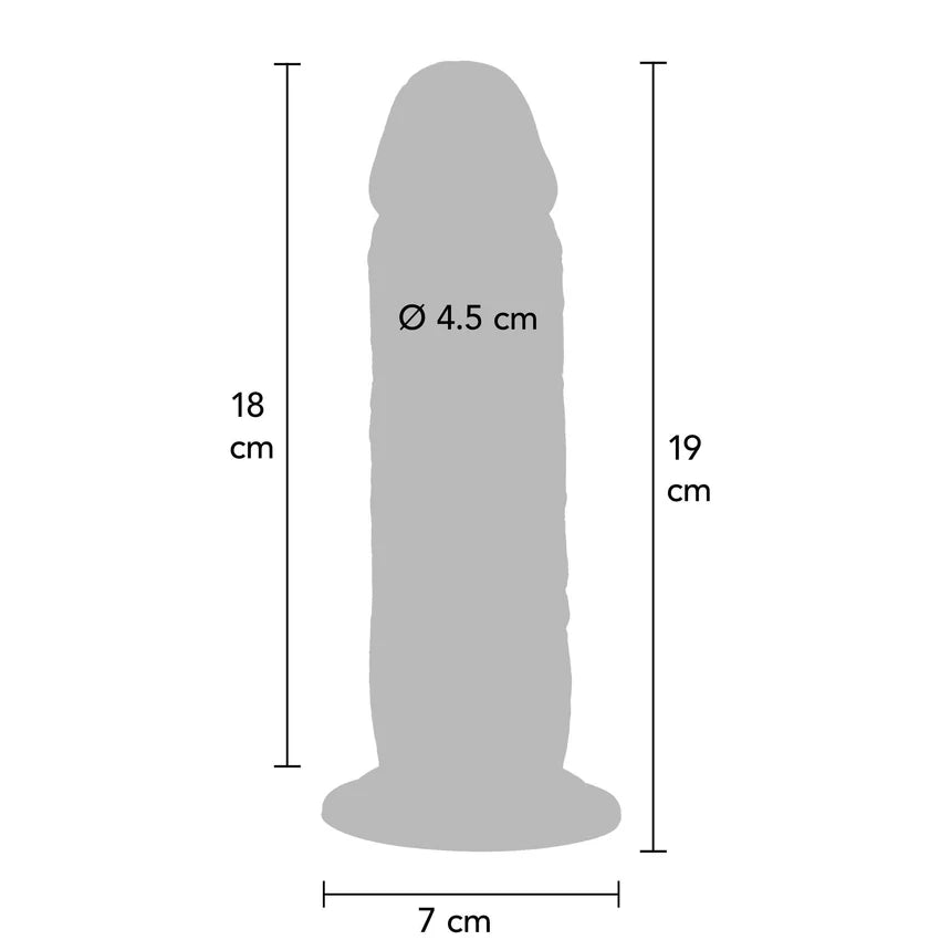 Grå silikondildo med realistisk design, 19 cm lang, 4.5 cm diameter, og sugekoppbase.